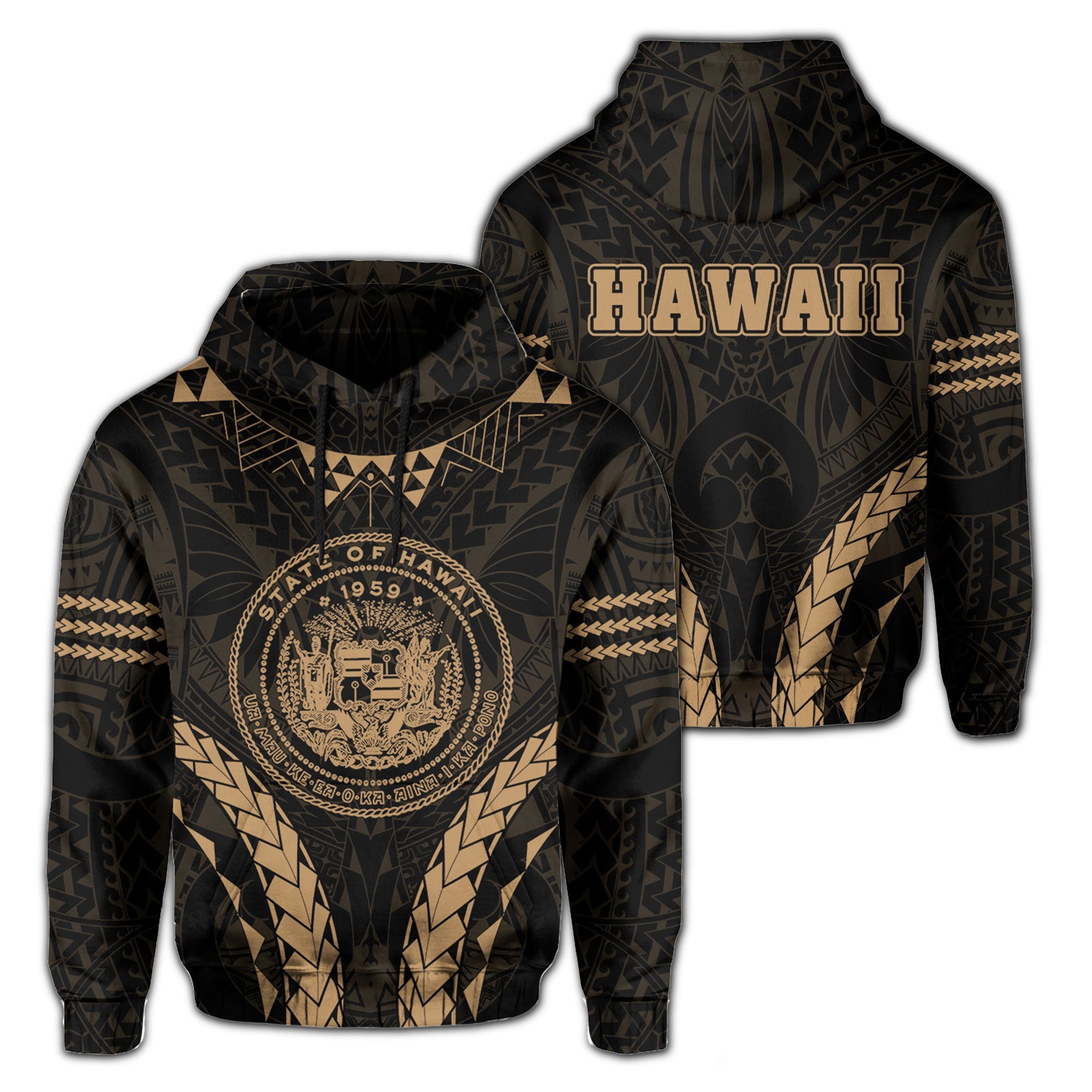 Polynesian Kakau Seal of Hawaii Hoodie Sport Style Version 2.0 Gold Unisex Gold - Polynesian Pride