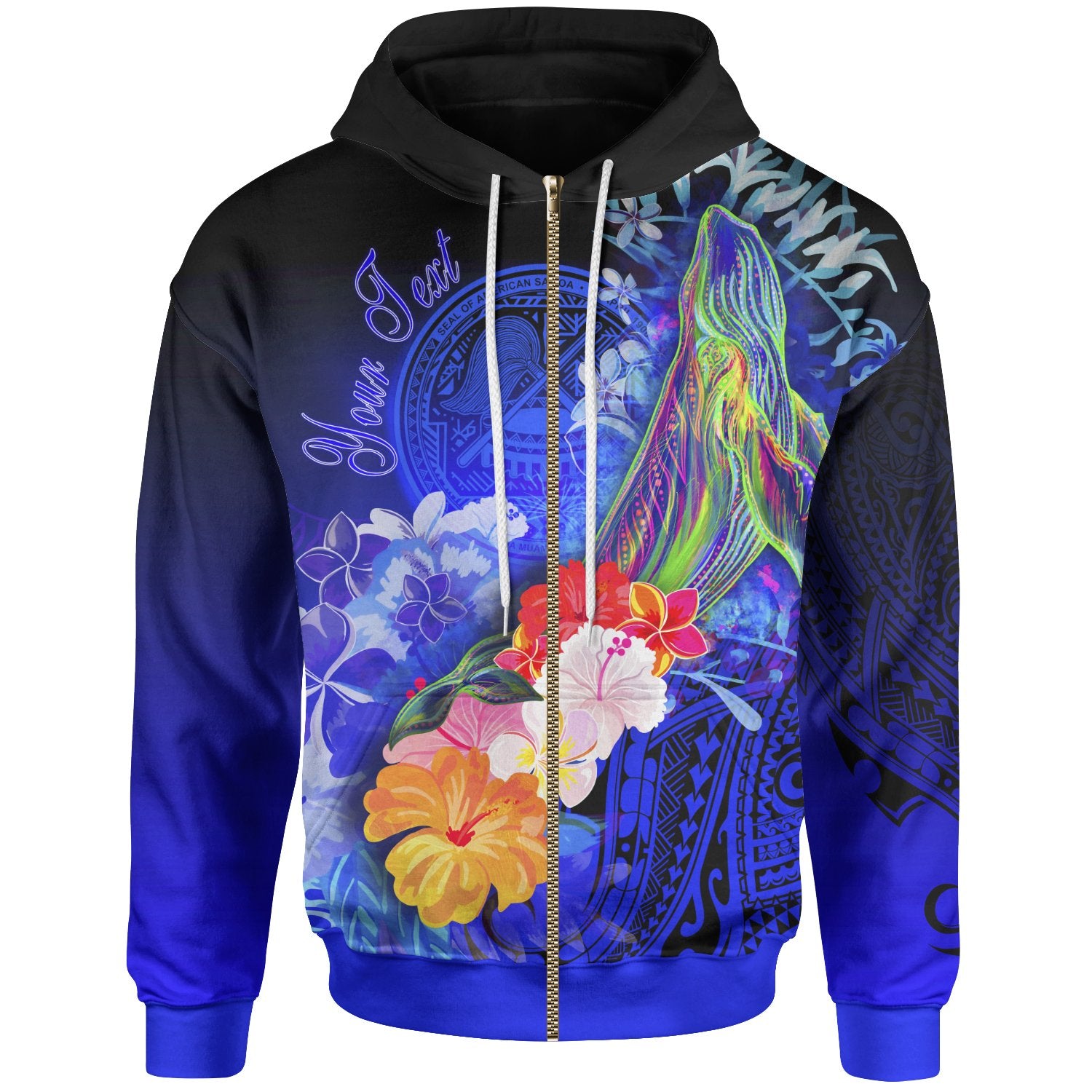 American Samoa Polynesian Custom Zip up Hoodie Humpback Whale with Tropical Flowers Unisex Blue - Polynesian Pride