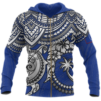 Chuuk Polynesian Hoodie (Zip up) White Turtle (Blue) Unisex Blue - Polynesian Pride