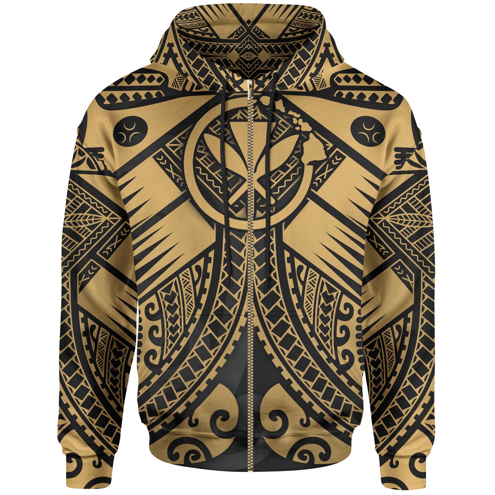 Hawaii Polynesian Zip up Hoodie Gold Kanaka Maoli Map Unisex Gold - Polynesian Pride