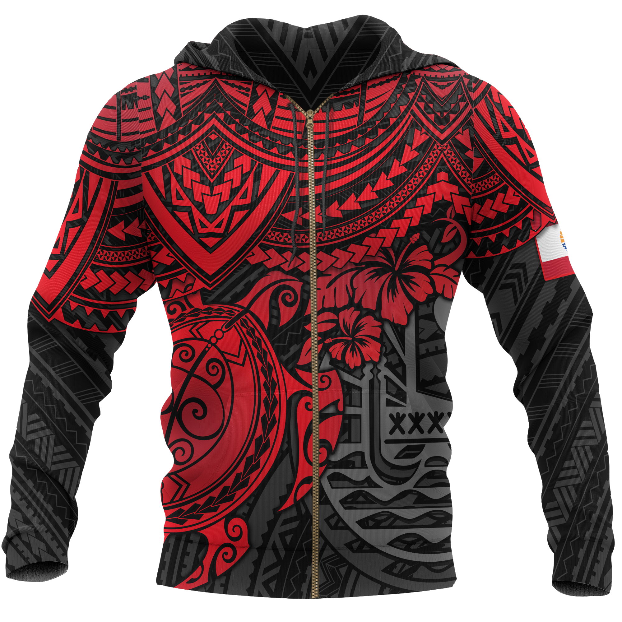 Tahiti Polynesian Hoodie (Zip up) Red Turtle Unisex RED - Polynesian Pride