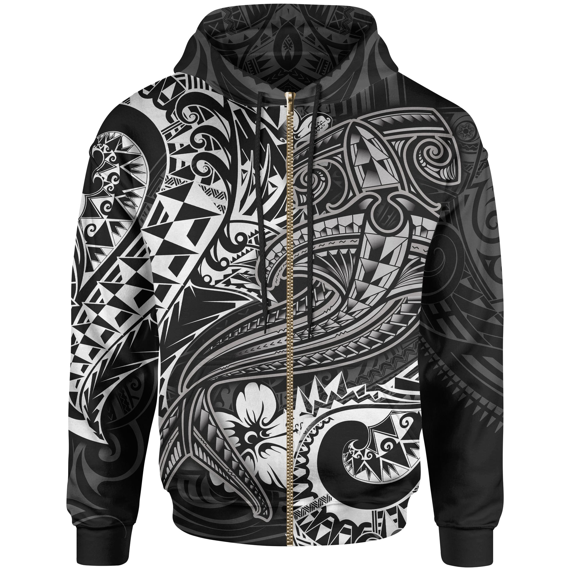 Polynesian Zip up Hoodie White Shark Polynesian Tattoo Unisex White - Polynesian Pride