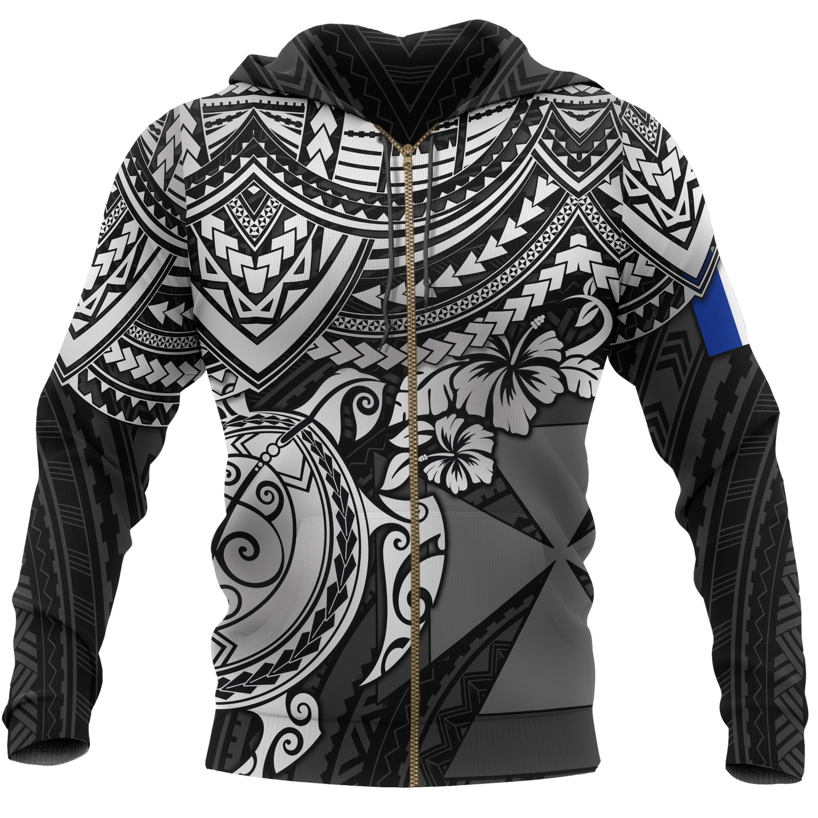 Wallis and Futuna Polynesian Hoodie (Zip up) White Turtle Unisex BLACK - Polynesian Pride