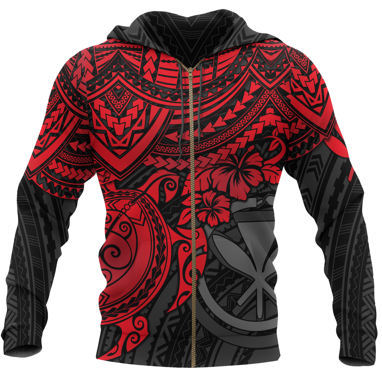Polynesian Hawaii Hoodie (Zip up) Red Turtle Unisex RED - Polynesian Pride