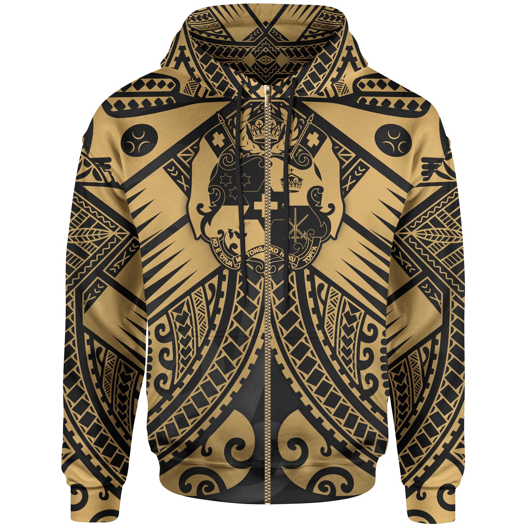 Tonga Polynesian Zip up Hoodie Tonga Gold Seal with Polynesian tattoo Unisex Gold - Polynesian Pride