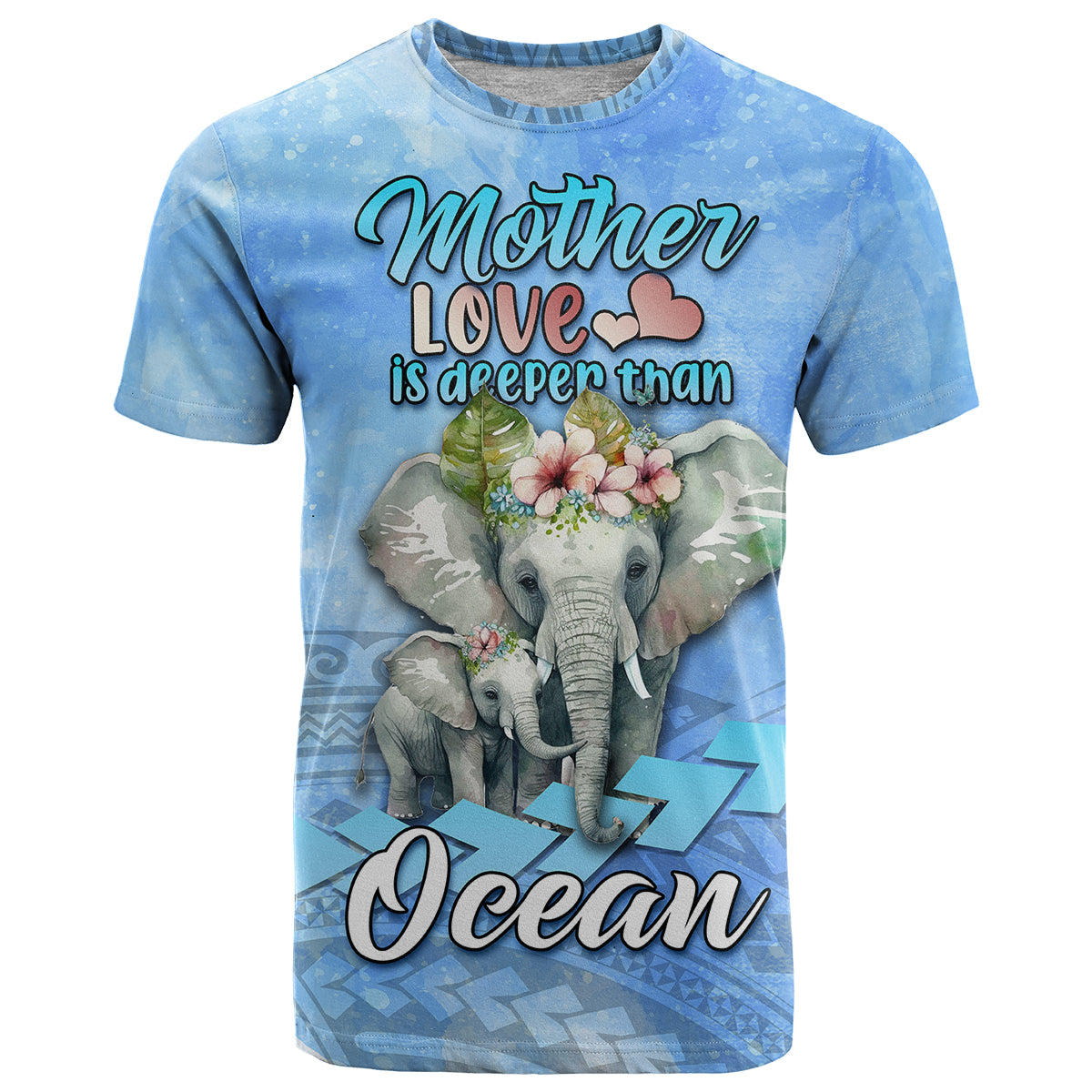 Mothers Day Elephant Watercolor Style Mix Polynesian Pattern T Shirt TS07 Blue - Polynesian Pride