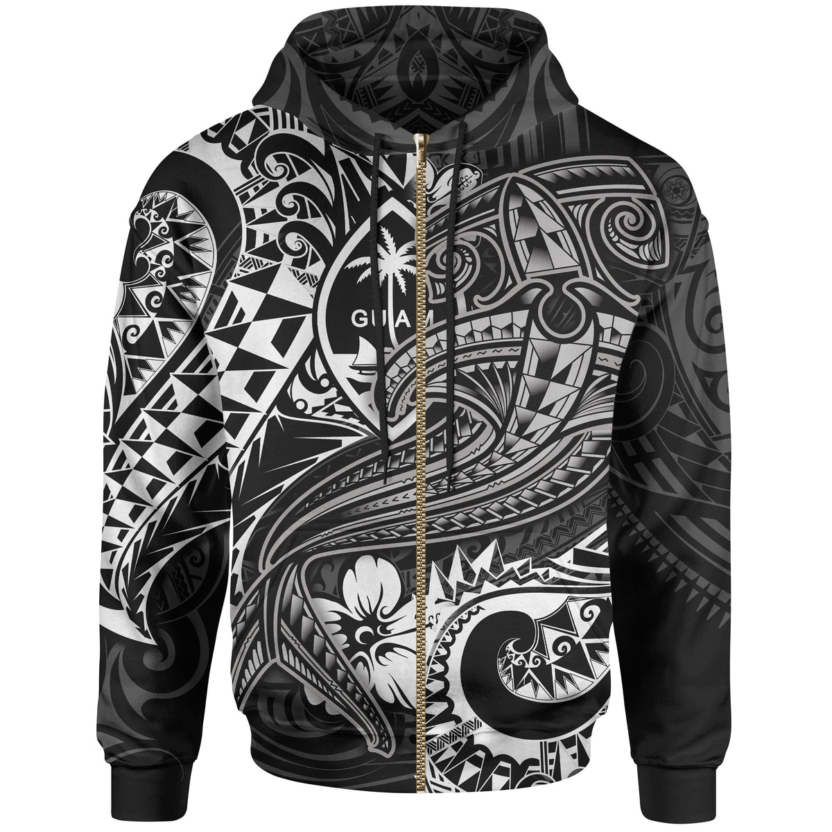 Guam Polynesian Zip up Hoodie White Shark Polynesian Tattoo Unisex White - Polynesian Pride