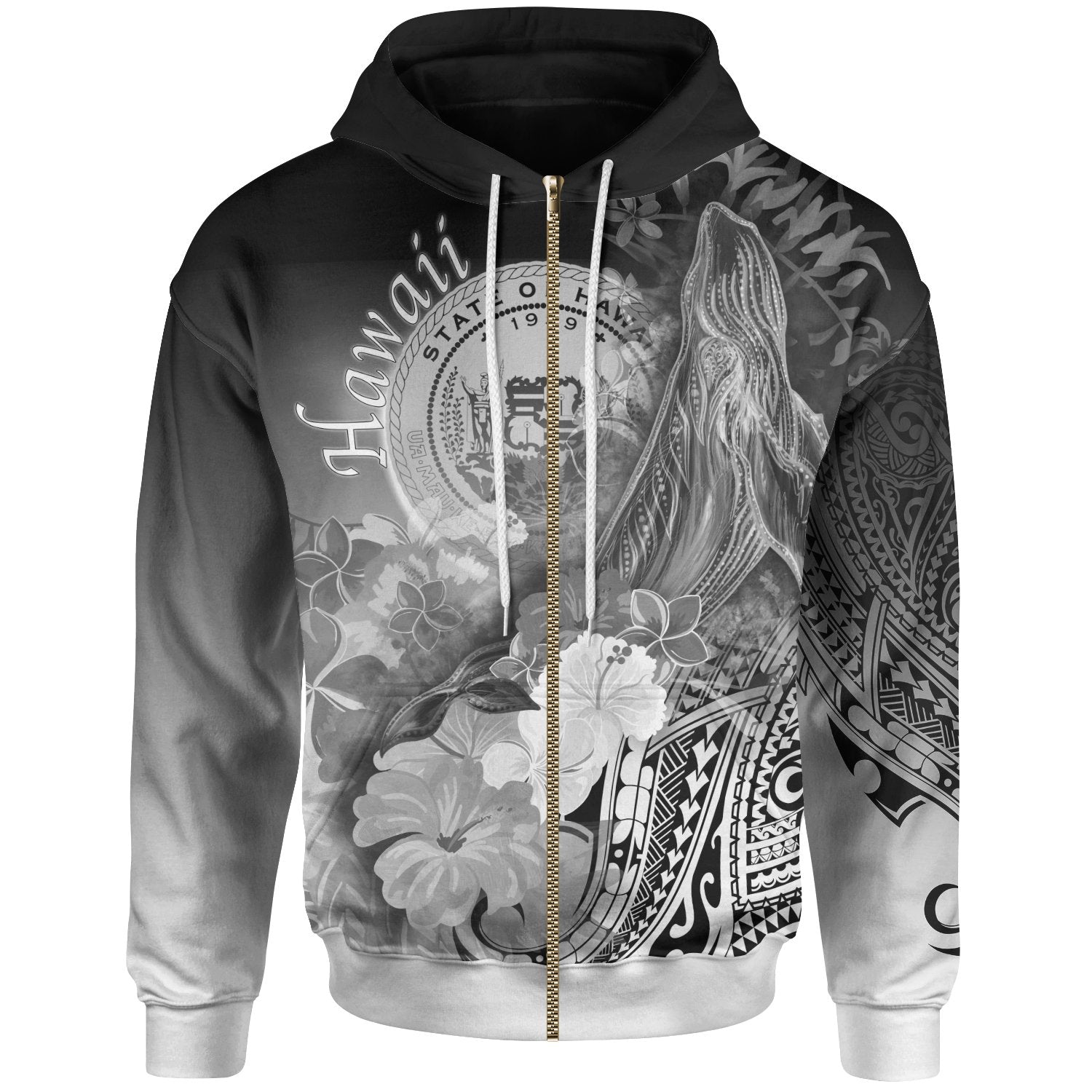 Polynesian Hawaii Zip up Hoodie Humpback Whale with Tropical Flowers (White) Unisex White - Polynesian Pride