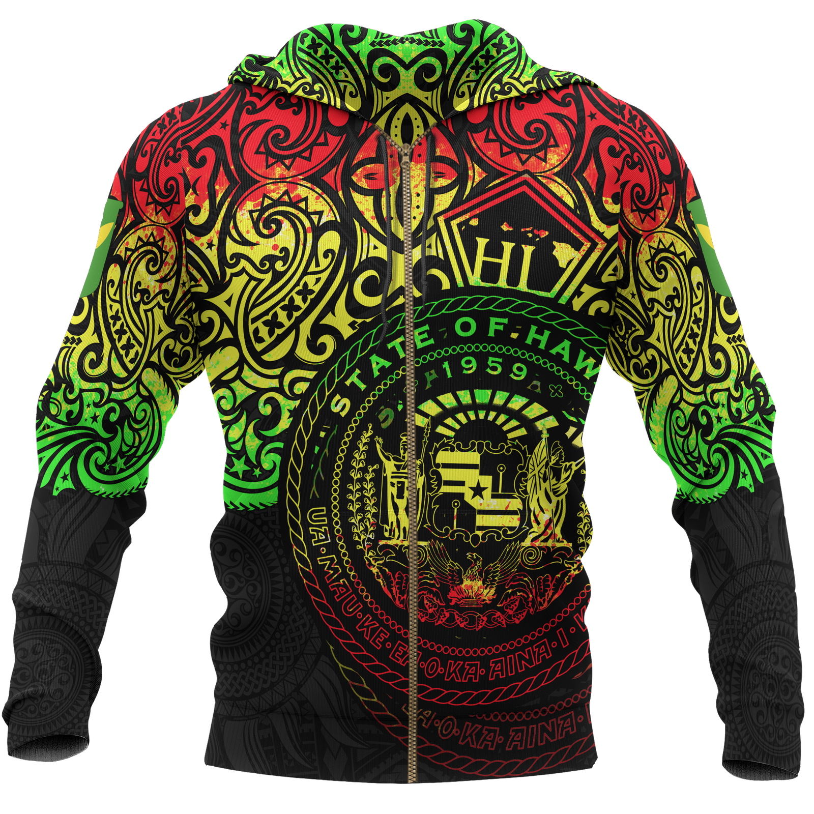 Polynesian Hawaii Hoodie (Zip up) Pride of Hawaii (Reggae) Unisex BLACK - Polynesian Pride
