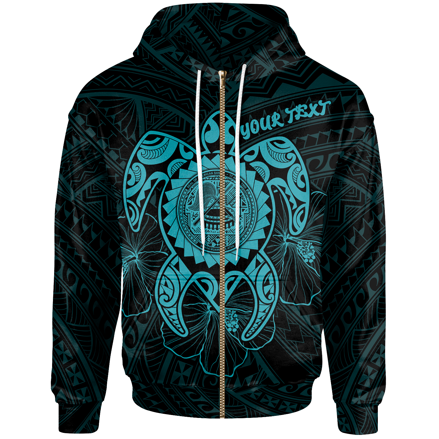 American Samoa Polynesian Custom Zip up Hoodie Vintage Polynesian Turtle (Turquoise) Unisex Turquoise - Polynesian Pride