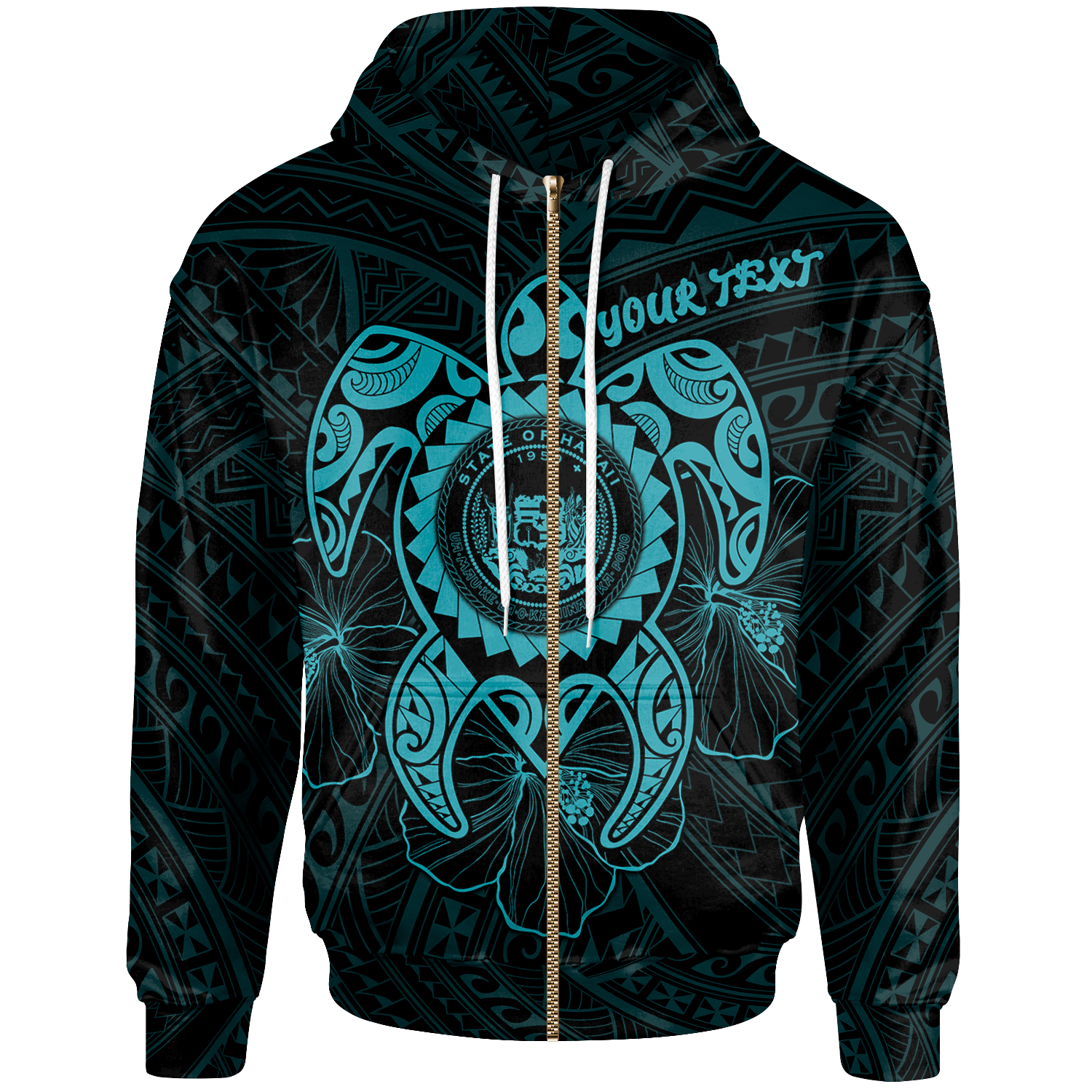 Hawaii Polynesian Custom Zip up Hoodie Vintage Polynesian Turtle (Turquoise) Unisex Turquoise - Polynesian Pride