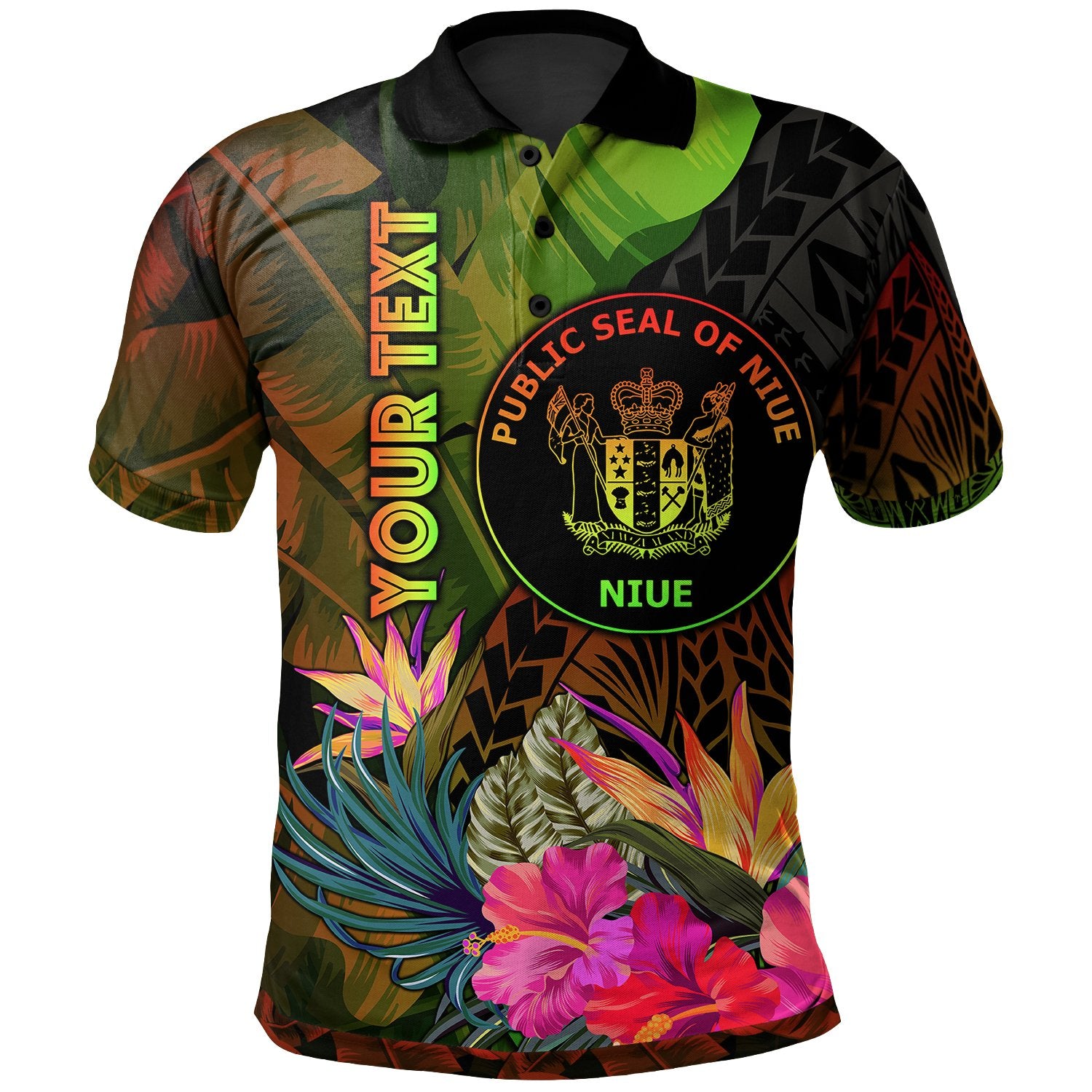 Niue Polynesian Custom Polo Hibiscus and Banana Leaves Unisex Reggae - Polynesian Pride