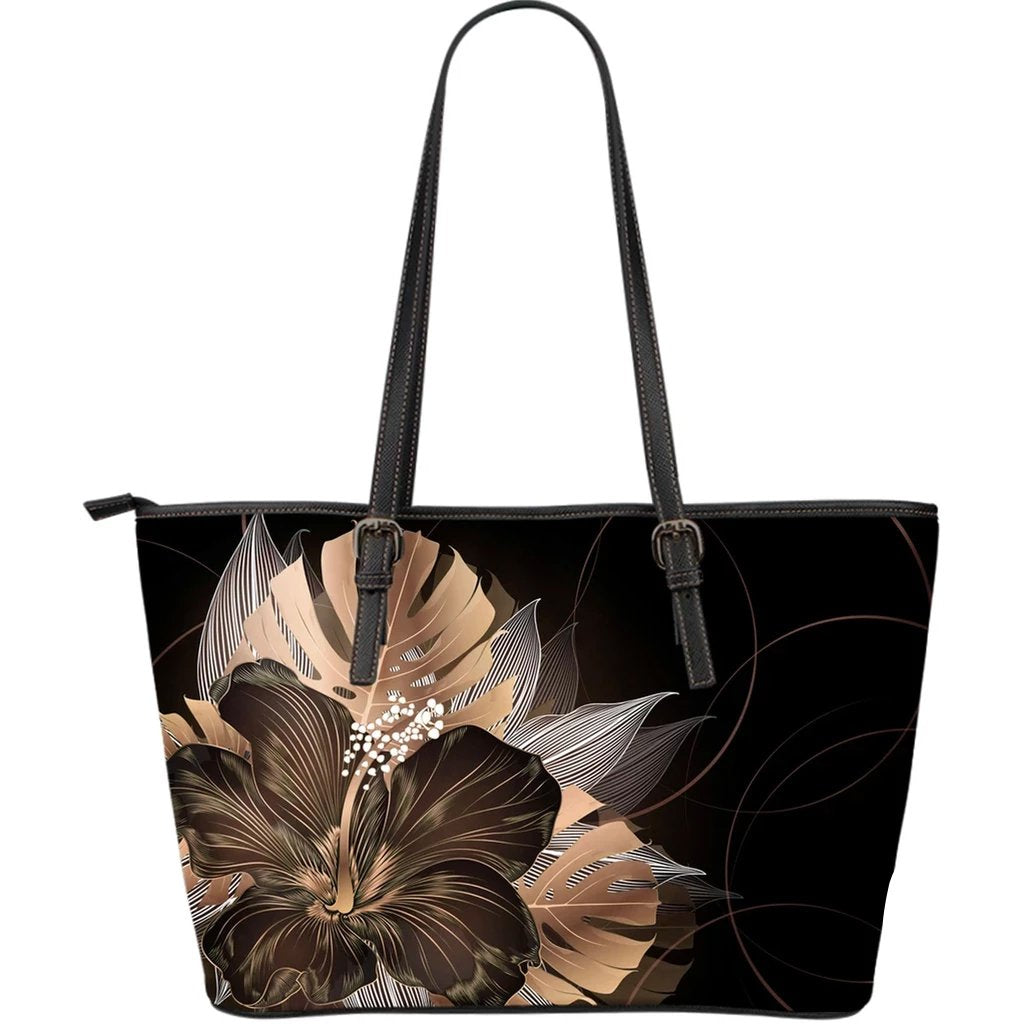 Hawaii Classic Hibiscus Gold Large Leather Tote Black - Polynesian Pride