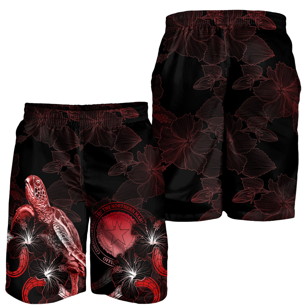 CNMI Polynesian Men's Shorts - Turtle With Blooming Hibiscus Red - Polynesian Pride