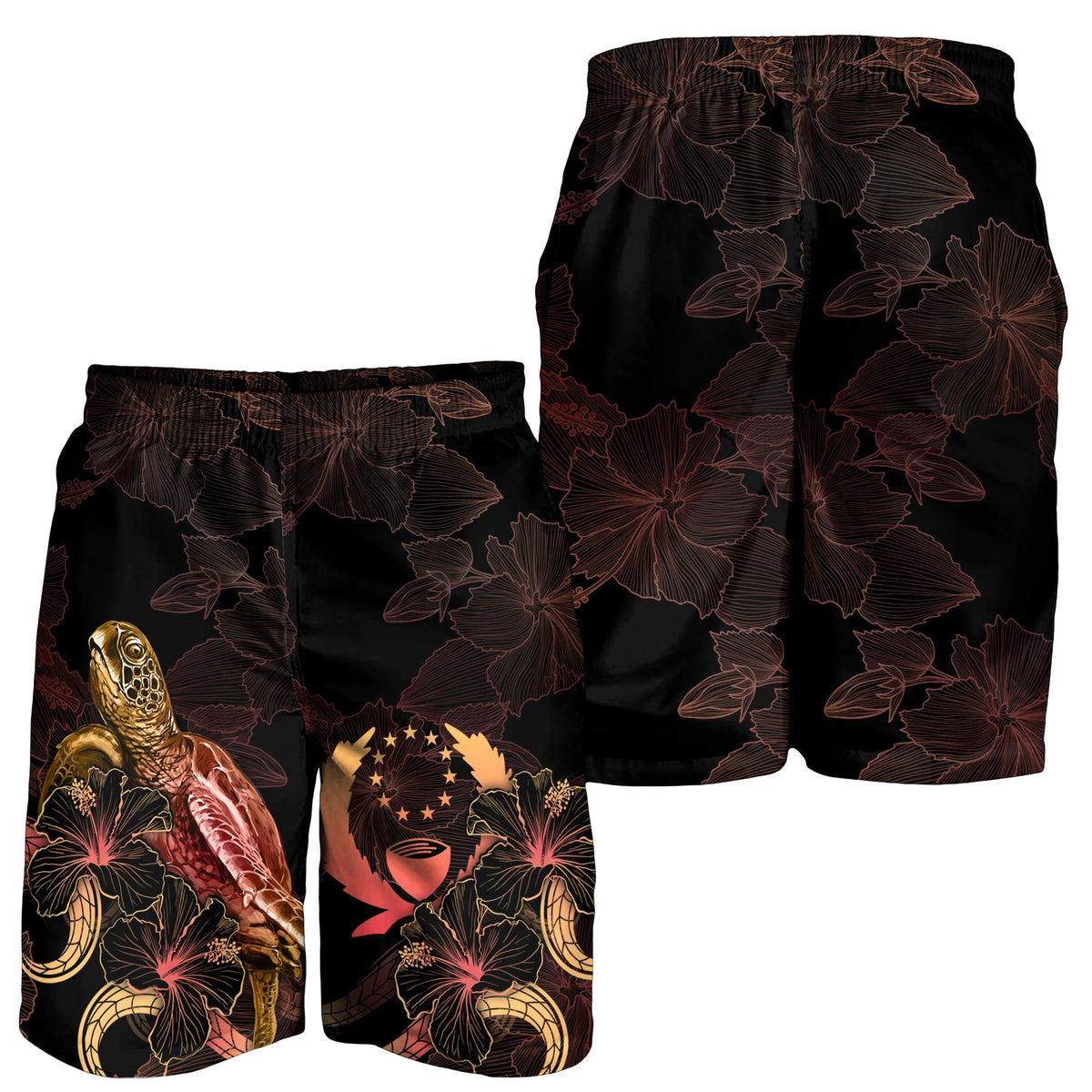 Pohnpei Polynesian Men's Shorts - Turtle With Blooming Hibiscus Gold - Polynesian Pride
