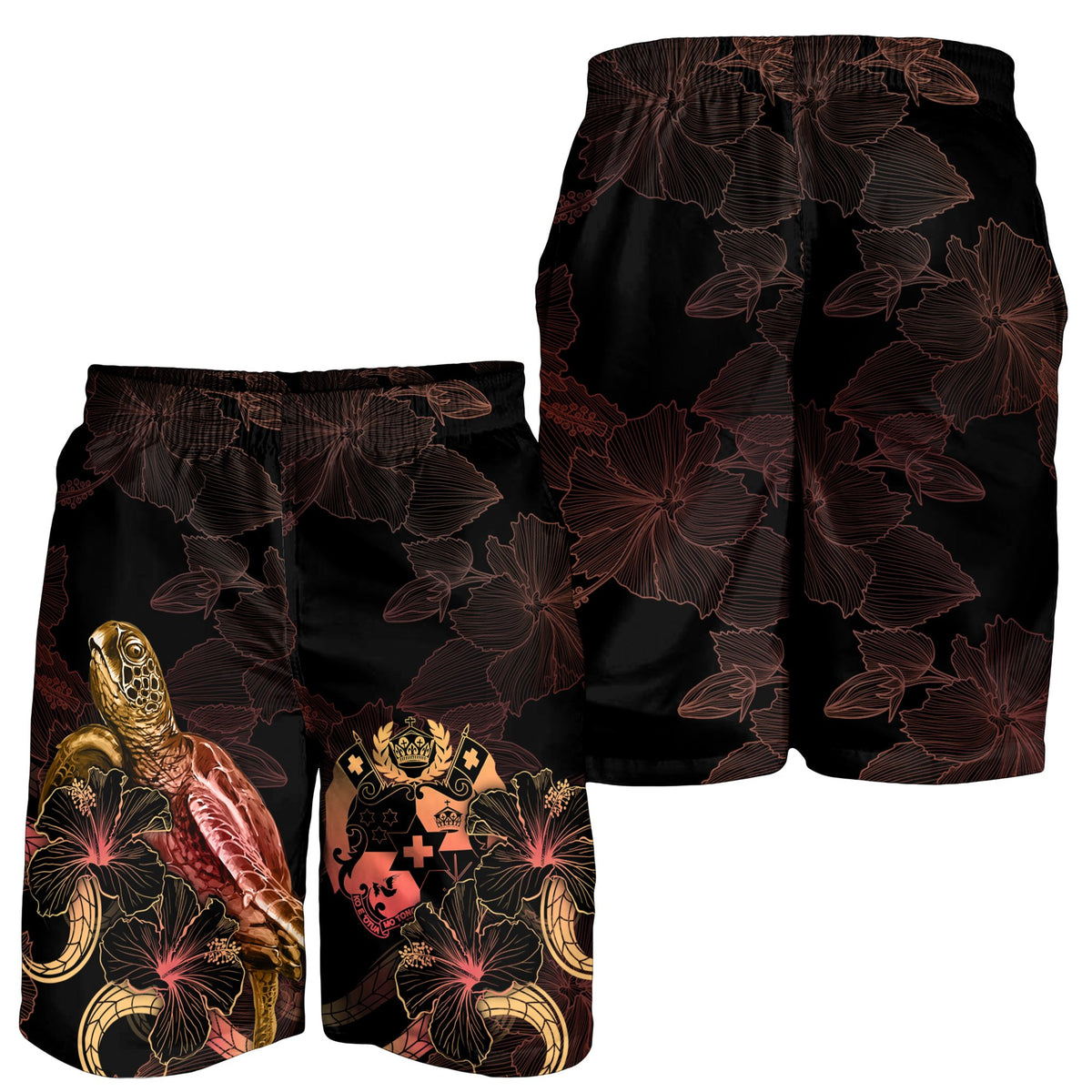 Tonga Polynesian Men's Shorts - Turtle With Blooming Hibiscus Gold - Polynesian Pride