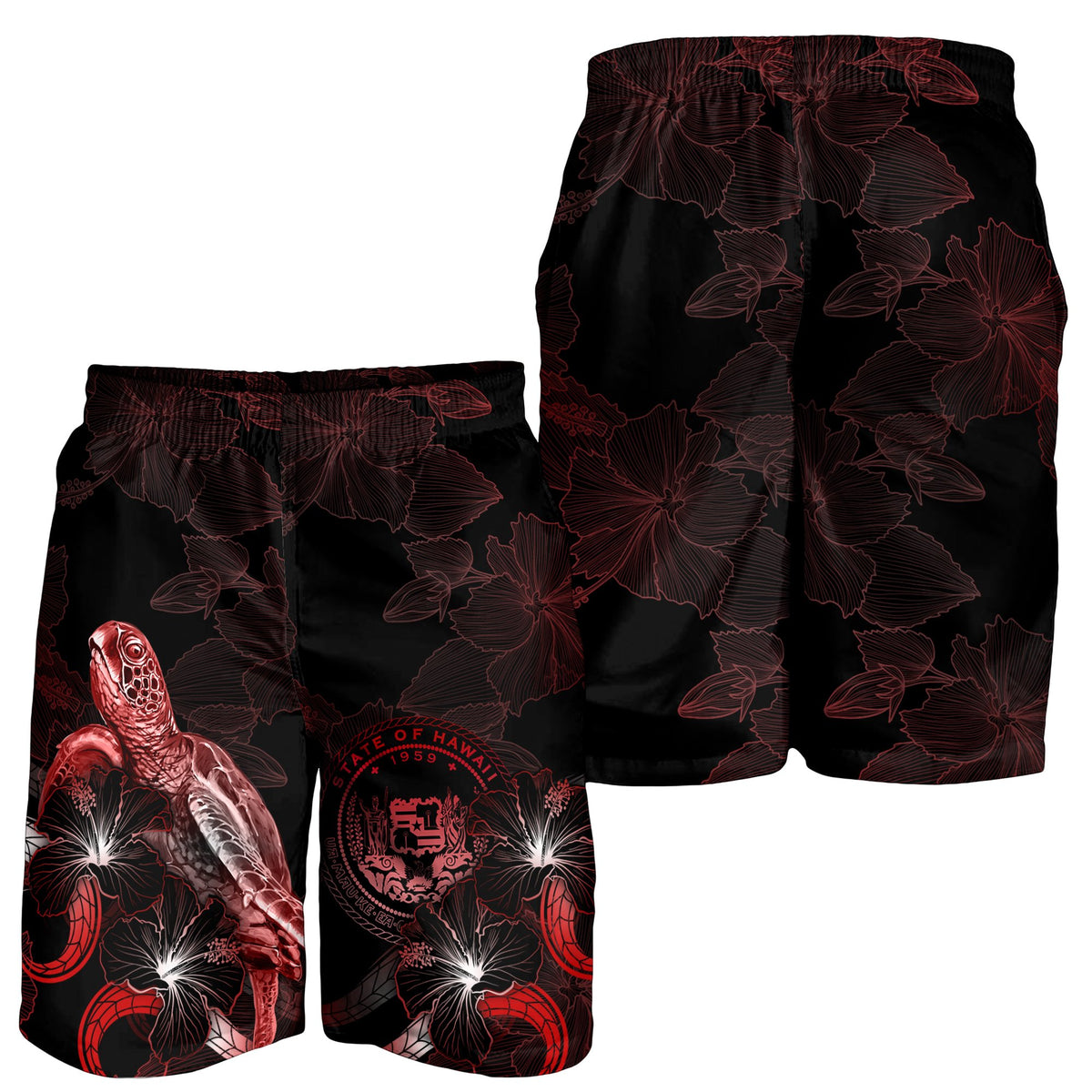 Hawaii Polynesian Men's Shorts - Turtle With Blooming Hibiscus Red - Polynesian Pride