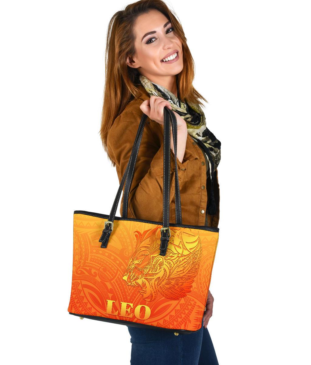 Sun In Leo Zodiac Small Leather Tote Polynesian Tattoo Simple - Orange Orange - Polynesian Pride