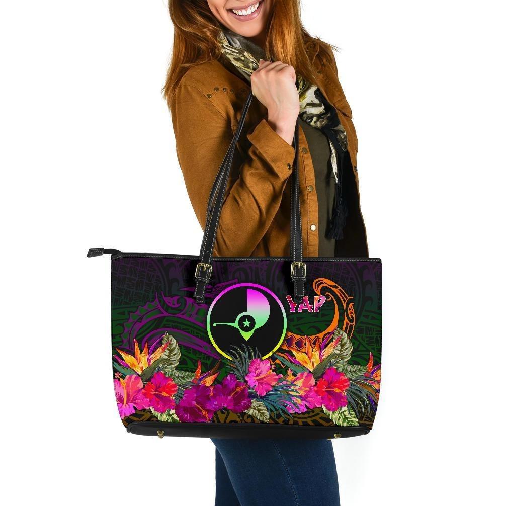 YAP Large Leather Tote Bag - Summer Hibiscus Reggae - Polynesian Pride