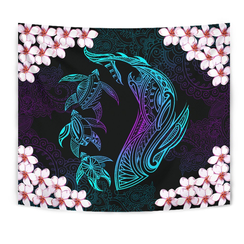 Hawaiian Shark Turtle Plumeria Tapestry - Black - Zelda Style - AH - Polynesian Pride