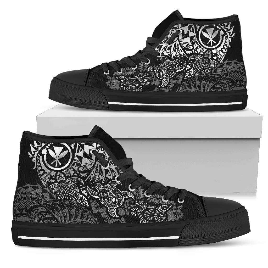 Polynesian Hawaii (Kanaka Maoli) High Top Shoes - White Hibiscus Turtle Flowing Unisex Black - Polynesian Pride