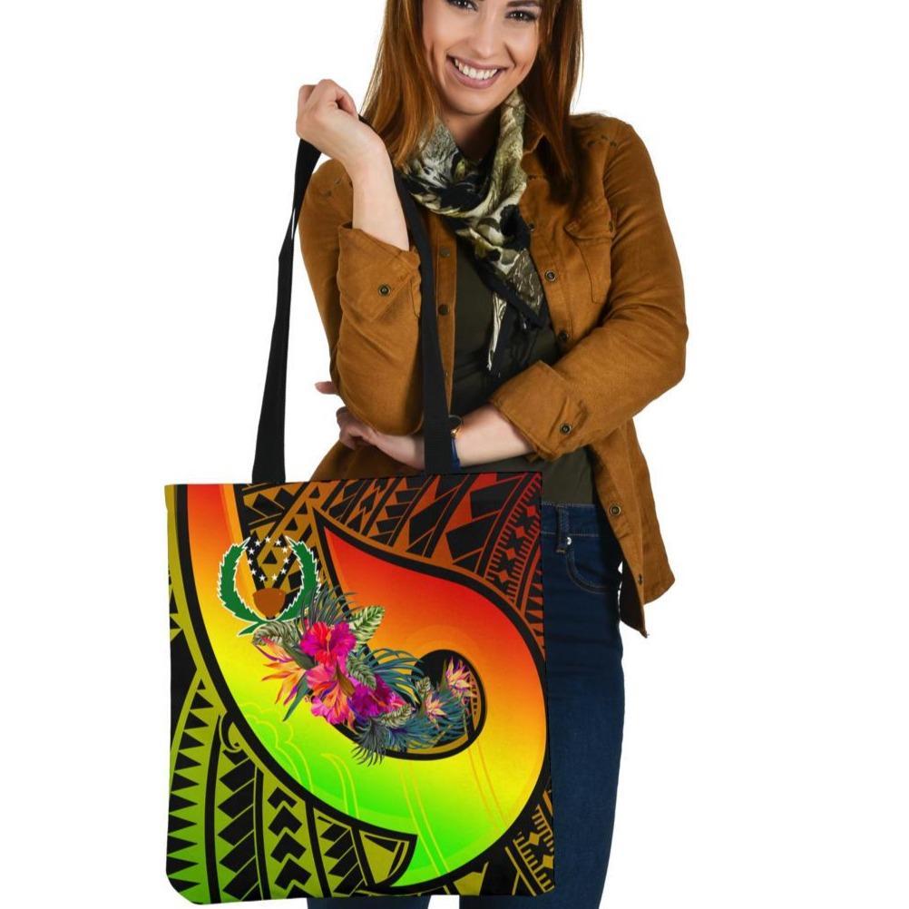Pohnpei Tote Bags - Polynesian Hook And Hibiscus (Raggae) Tote Bag One Size Art - Polynesian Pride