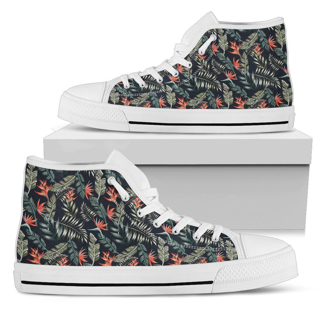 Hawaiian Shoes - Tropical Strelitzia Black High Top Shoes Womens High Top White - Polynesian Pride