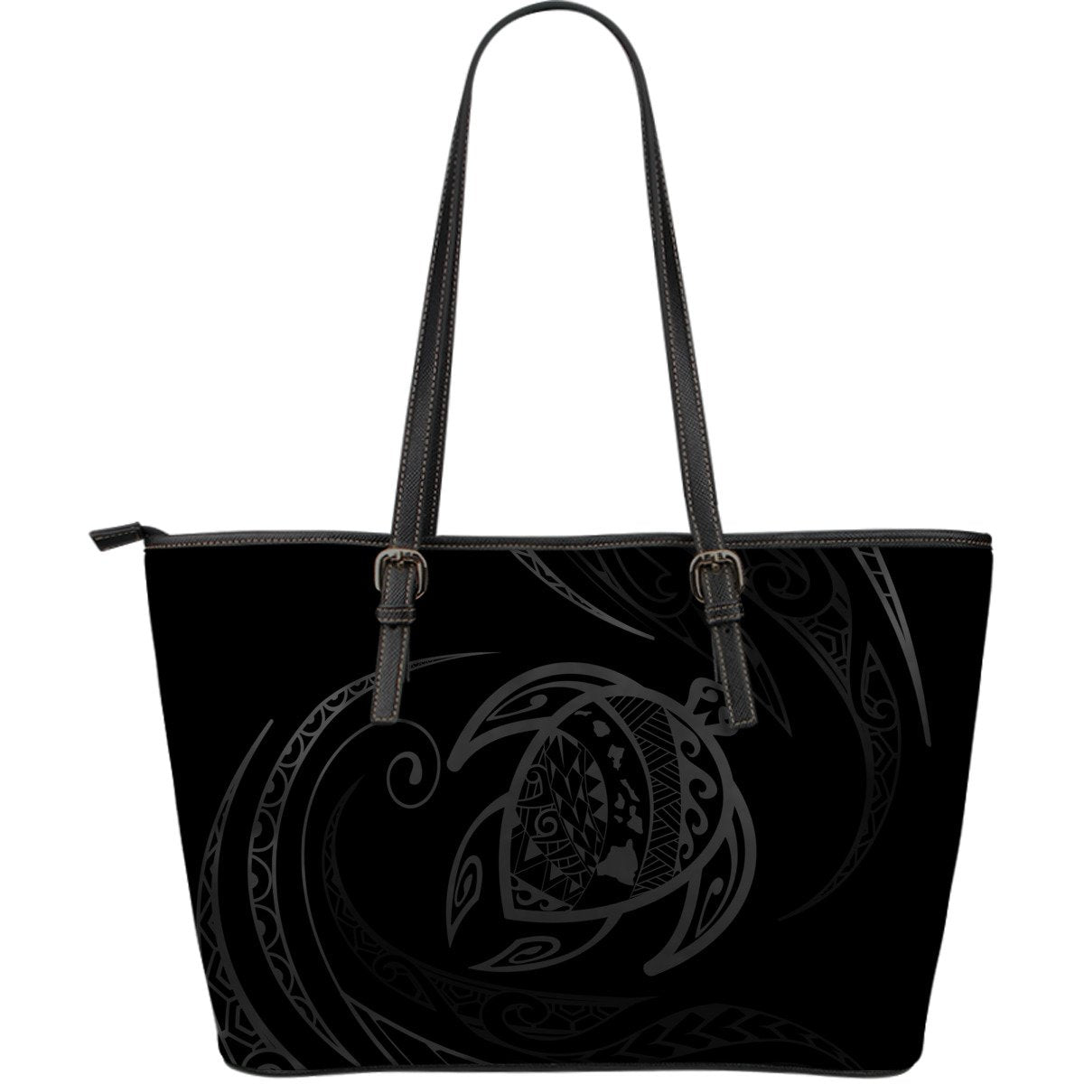 Hawaii Turtle Large Leather Tote - Gray - Frida Style Black - Polynesian Pride