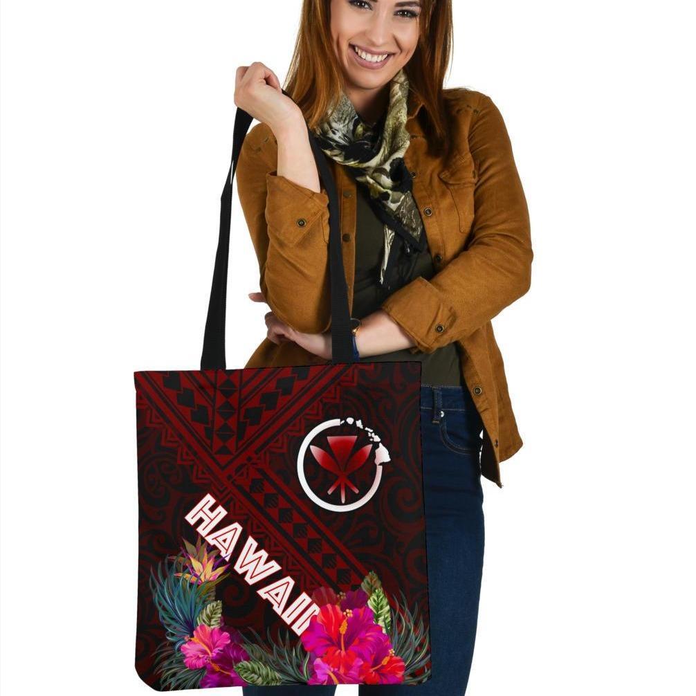 Hawaii Tote Bags - Kanaka Maoli With Hibiscus On Polynesian Patterns (RED) Tote Bag One Size Red - Polynesian Pride