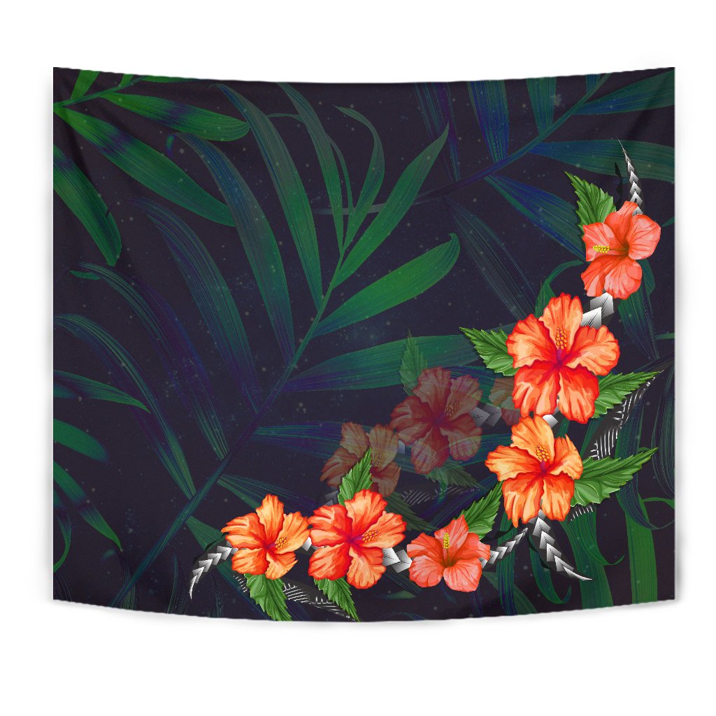 Hibiscus Palm Background Tapestry Wall Tapestry Black - Polynesian Pride