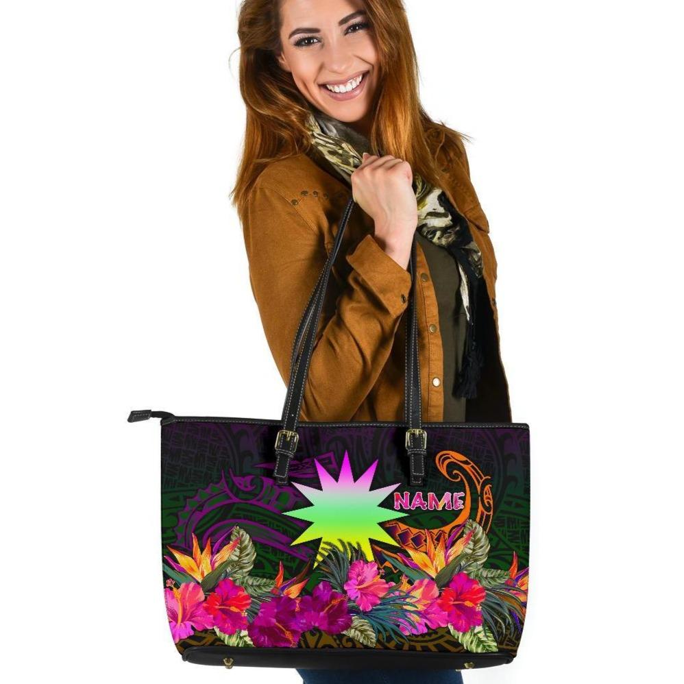 Nauru Personalised Large Leather Tote Bag - Summer Hibiscus Reggae - Polynesian Pride