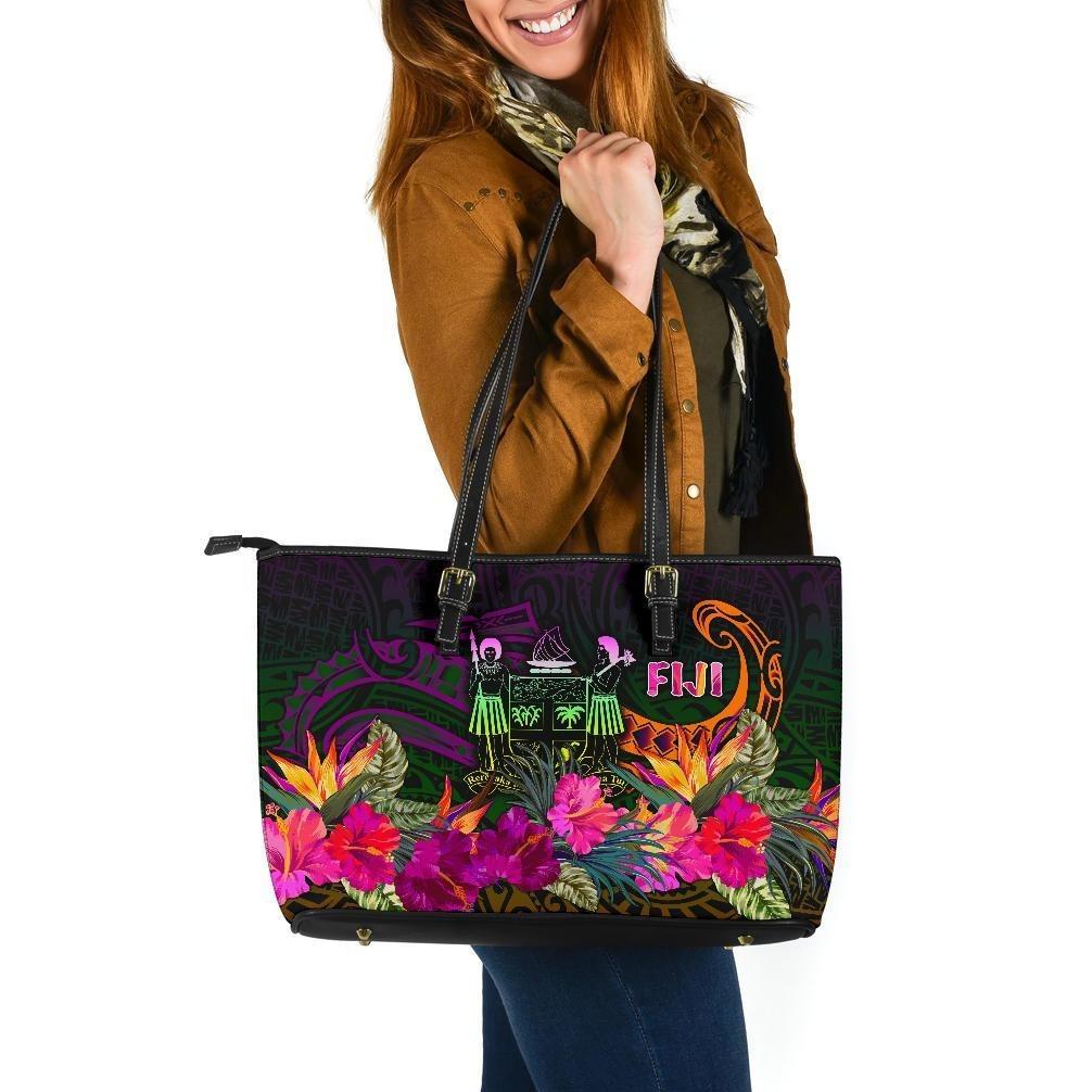 Fiji Large Leather Tote Bag - Summer Hibiscus Reggae - Polynesian Pride