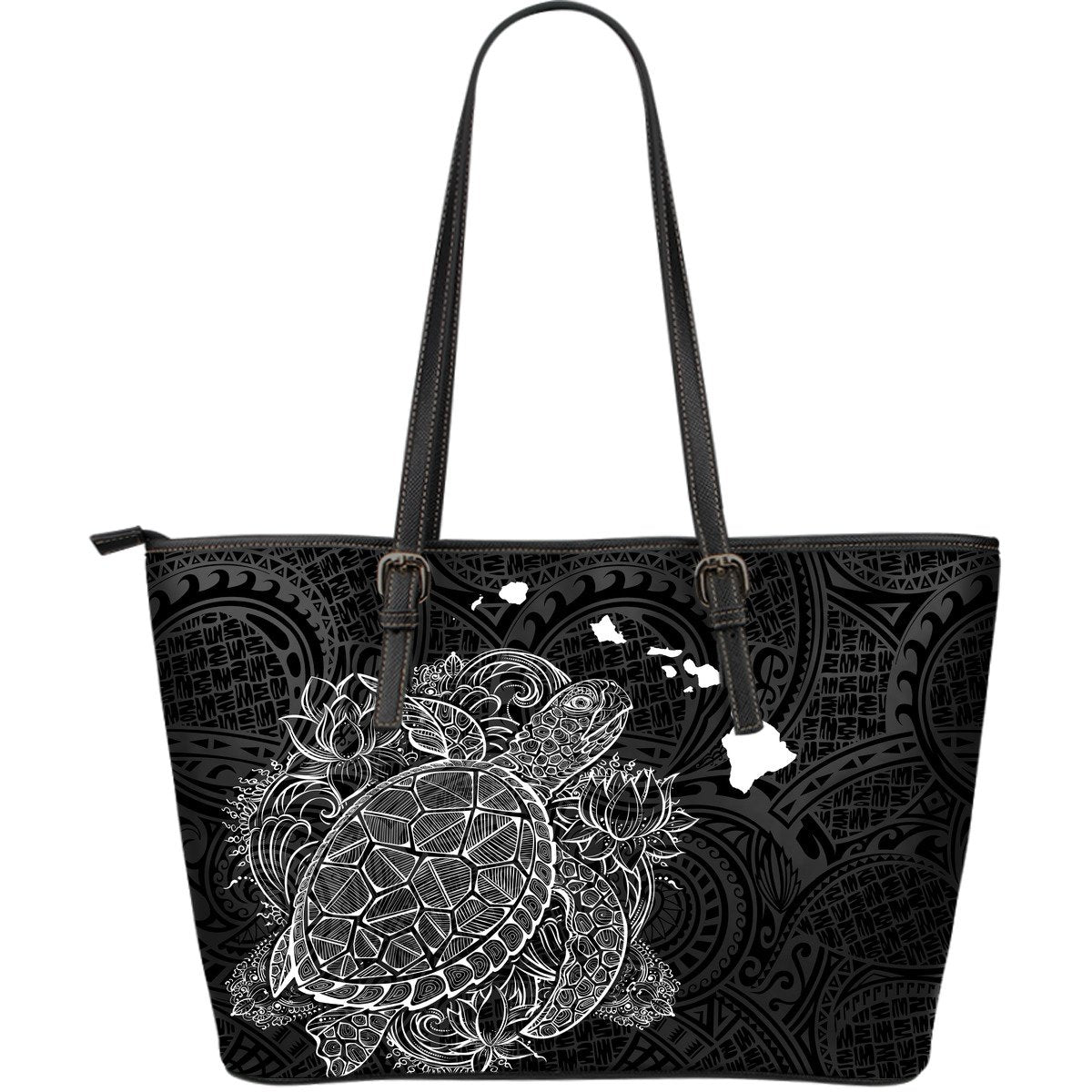 Polynesian Hawaii Leather Tote - Turtle Map White Black Black - Polynesian Pride