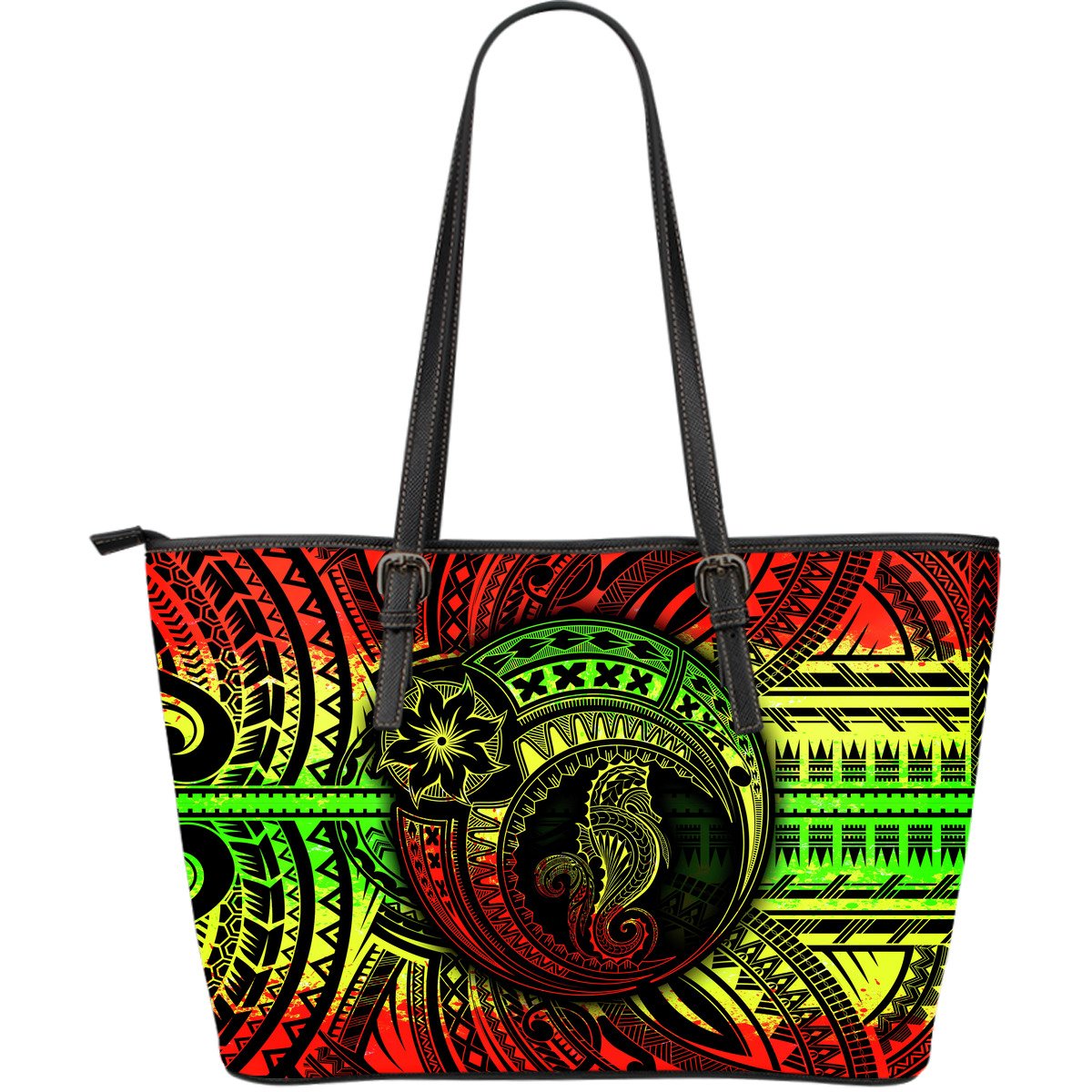 Seahorse Polynesian Large Leather Tote Bag - Polynesian Tattoo Reggae Reggae - Polynesian Pride