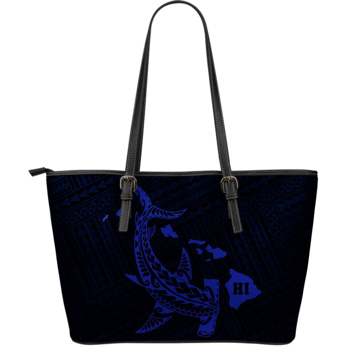 Hawaii Shark Blue Polynesian Large Leather Tote Blue - Polynesian Pride