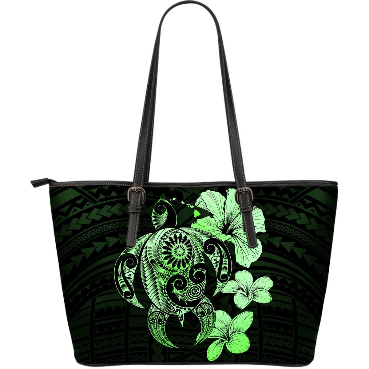 Hibiscus Plumeria Mix Polynesian Green Turtle Large Leather Tote Green - Polynesian Pride