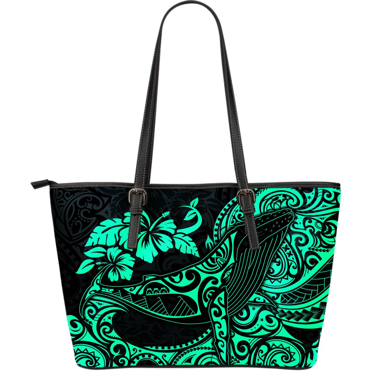 Polynesian Hawaii Leather Tote Bag - Polynesian Turquoise Humpback Whale Turquoise - Polynesian Pride