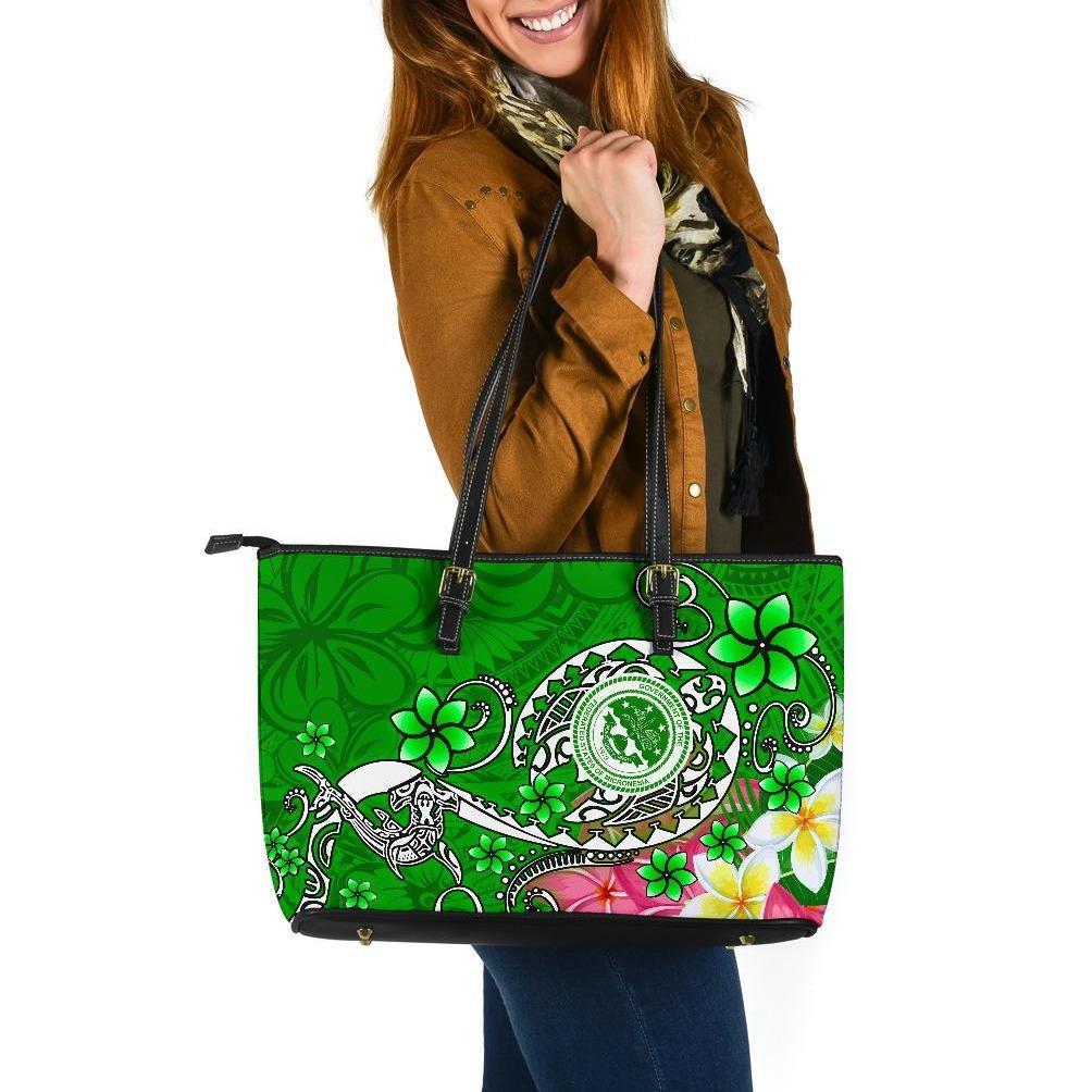 FSM Large Leather Tote Bag - Turtle Plumeria (Green) Green - Polynesian Pride