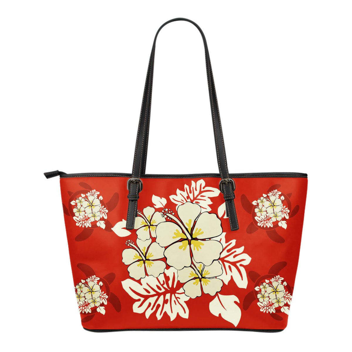 Turtle And Hibiscus Small Leather Tote Bag 06 Small Leather Tote Bag PU leather White - Polynesian Pride