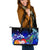 Marshall Islands Large Leather Tote Bag - Humpback Whale with Tropical Flowers (Blue) Blue - Polynesian Pride