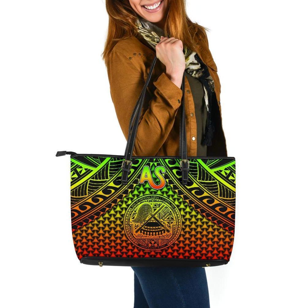 Polynesian American Samoa Large Leather Tote Bag - Reggae Vintage Polynesian Patterns Reggae - Polynesian Pride