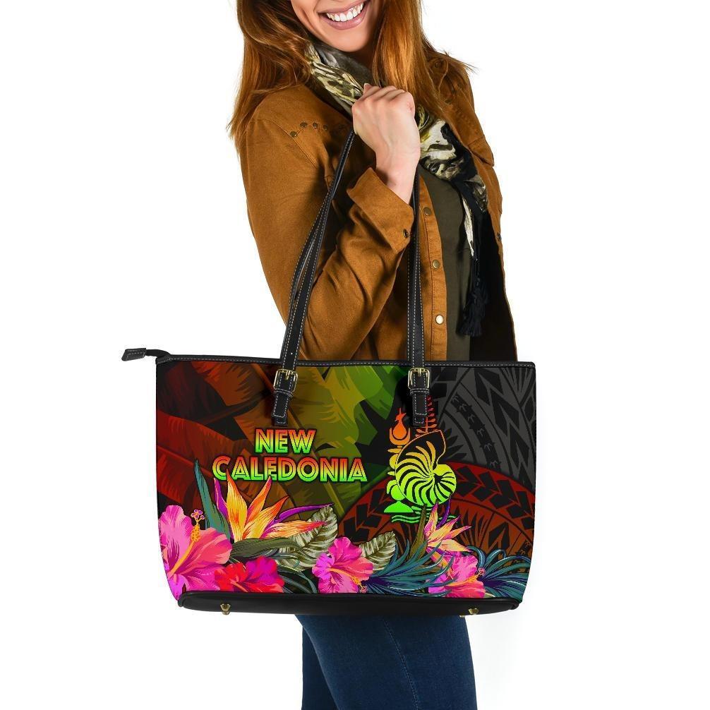 New Caledonia Polynesian Large Leather Tote Bag - Hibiscus and Banana Leaves Reggae - Polynesian Pride