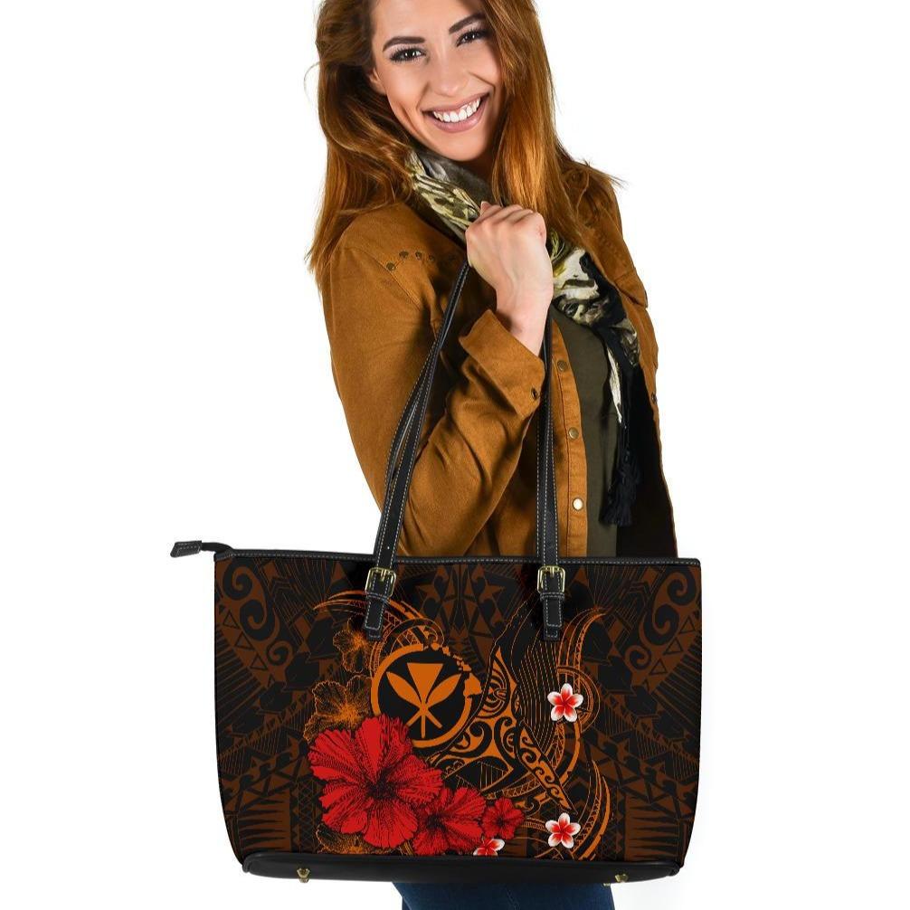 Polynesian Hawaii Kanaka Maoli Leather Tote Bag - Humpback Whale with Hibiscus (Golden) Golden - Polynesian Pride