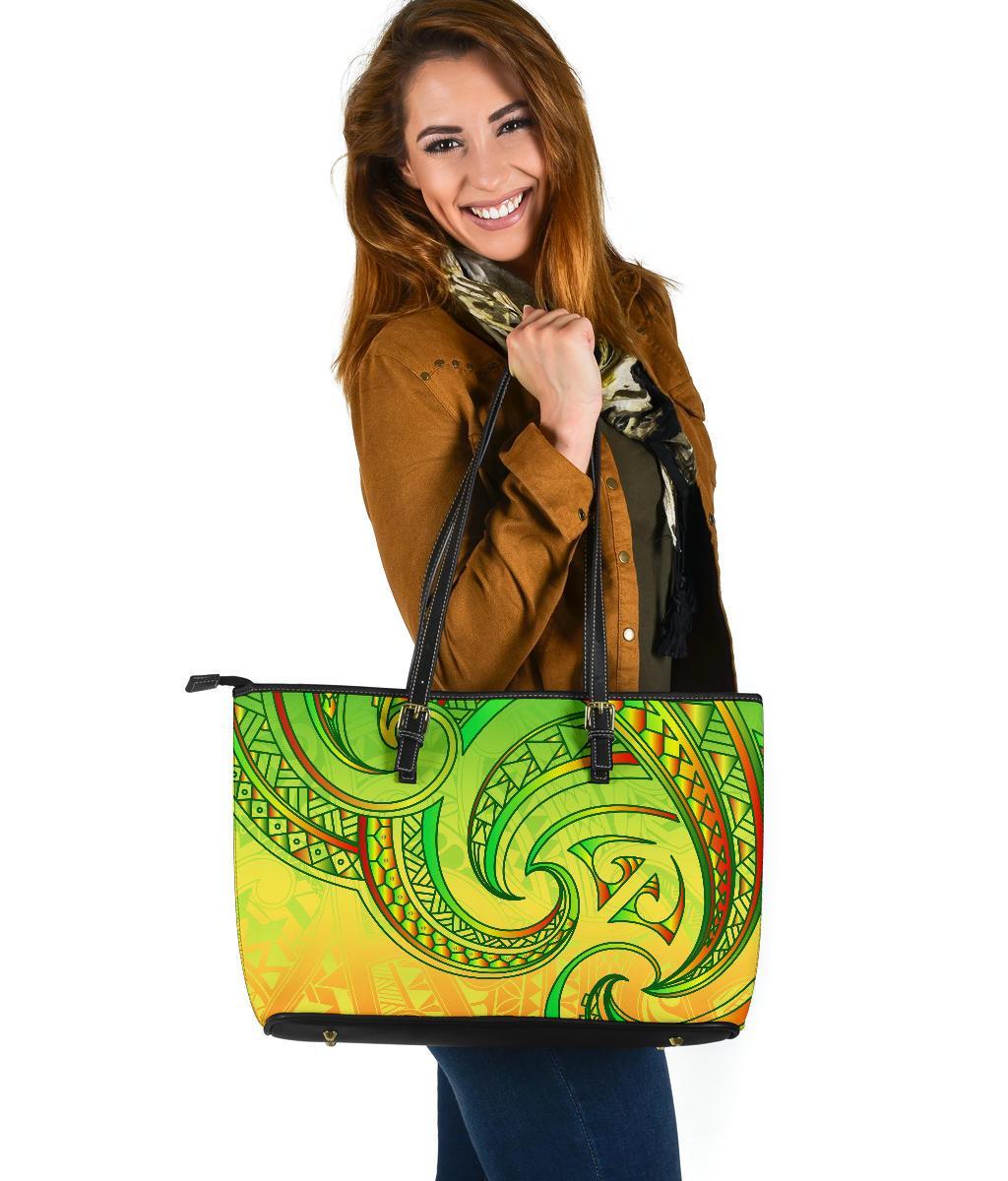 New Zealand Maori Mangopare Large Leather Tote Polynesian - Rasta Green - Polynesian Pride