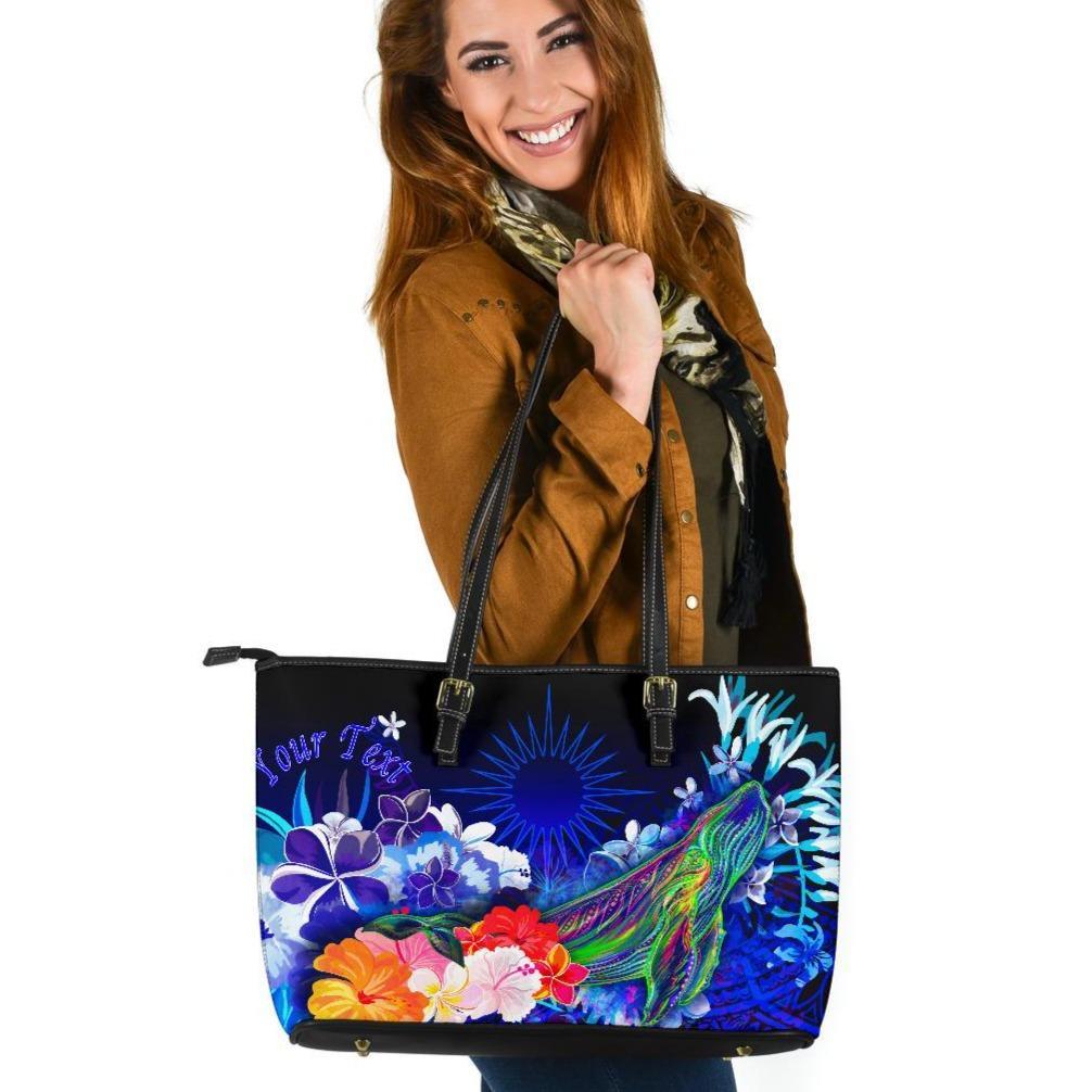 Marshall Islands Custom Personalised Large Leather Totes - Humpback Whale with Tropical Flowers (Blue) Blue - Polynesian Pride