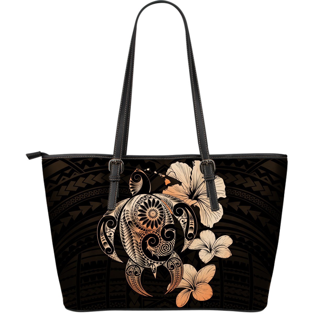 Hibiscus Plumeria Mix Polynesian Orange Turtle Large Leather Tote Orange - Polynesian Pride