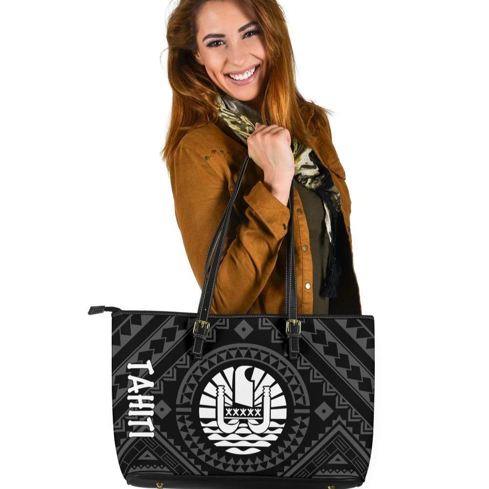 Tahiti Leather Tote Bag - Tahiti Seal In Polynesian Tattoo Style (Black) Black - Polynesian Pride