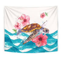 Turtle Hibiscus On Wale Tapestry Wall Tapestry White - Polynesian Pride