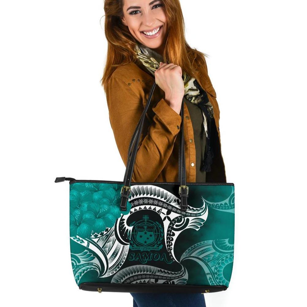 Samoa Large Leather Tote Bag - Samoa Seal Wave Style (Green) Green - Polynesian Pride