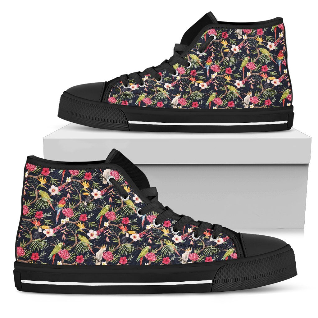 Hawaiian Shoes - Tropical Hibiscus, Strelitzia Palm Leaves High Top Shoes Womens High Top Black - Polynesian Pride